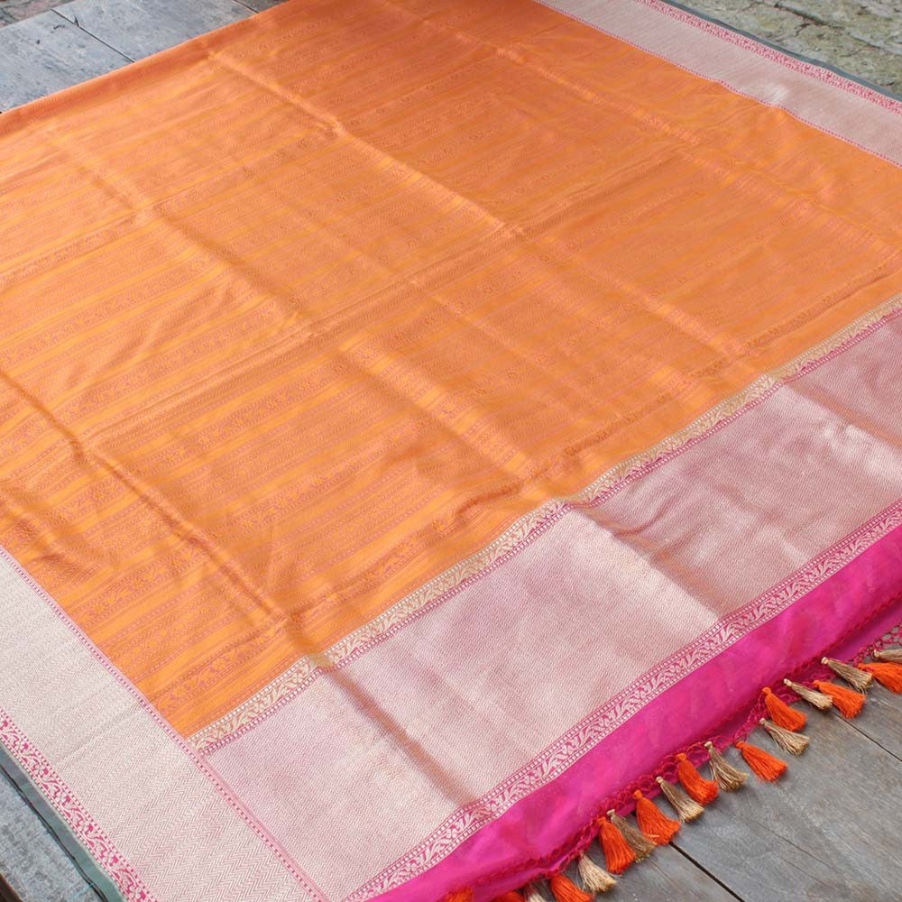 Orange Pure Katan Silk Banarasi Handloom Dupatta - Tilfi