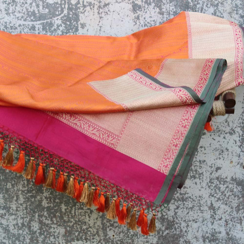 Orange Pure Katan Silk Banarasi Handloom Dupatta - Tilfi