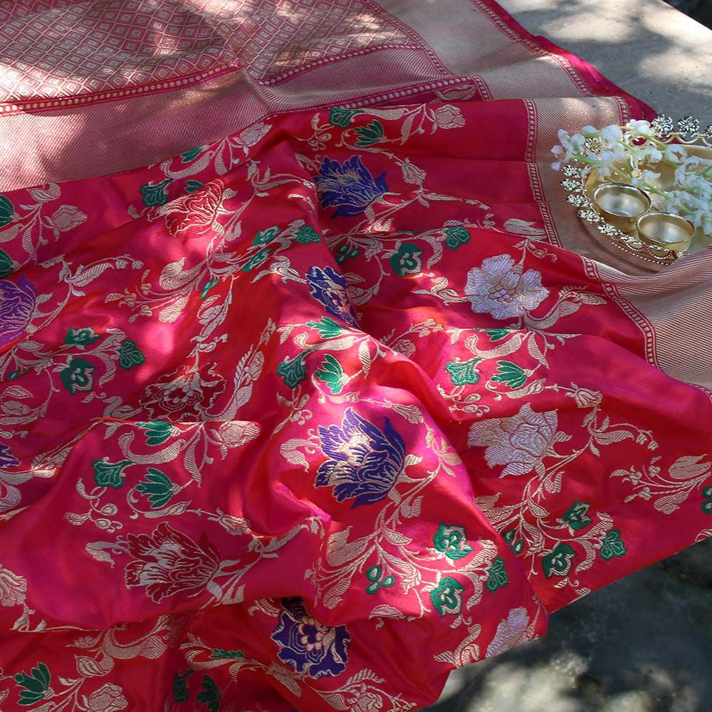 Rani-Red Pure Katan Silk Banarasi Handloom Dupatta - Tilfi