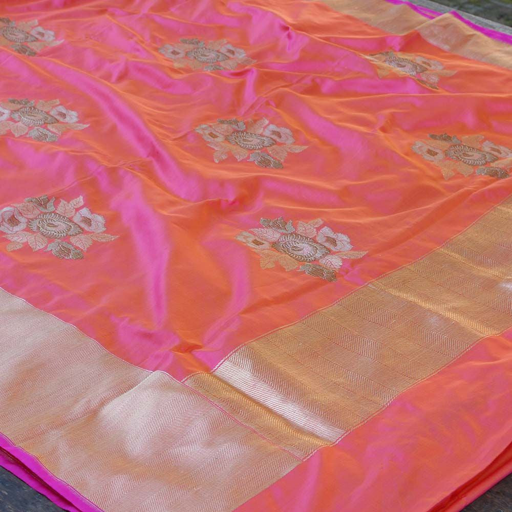 Orange-Gulabi Pink Pure Katan Silk Banarasi Handloom Dupatta - Tilfi