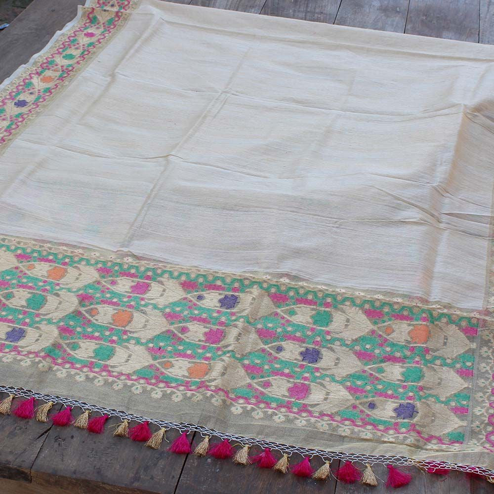 Beige Pure Dupion Kora Net Banarasi Handloom Dupatta - Tilfi