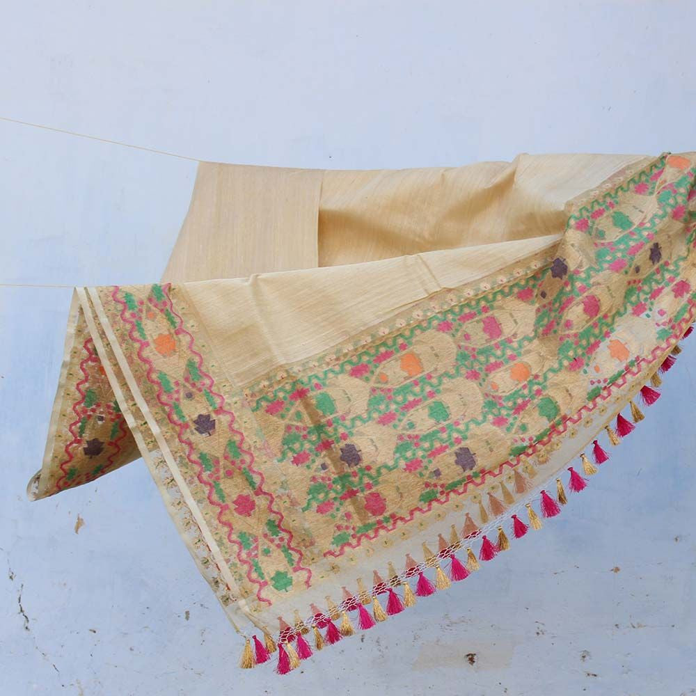Beige Pure Dupion Kora Net Banarasi Handloom Dupatta - Tilfi