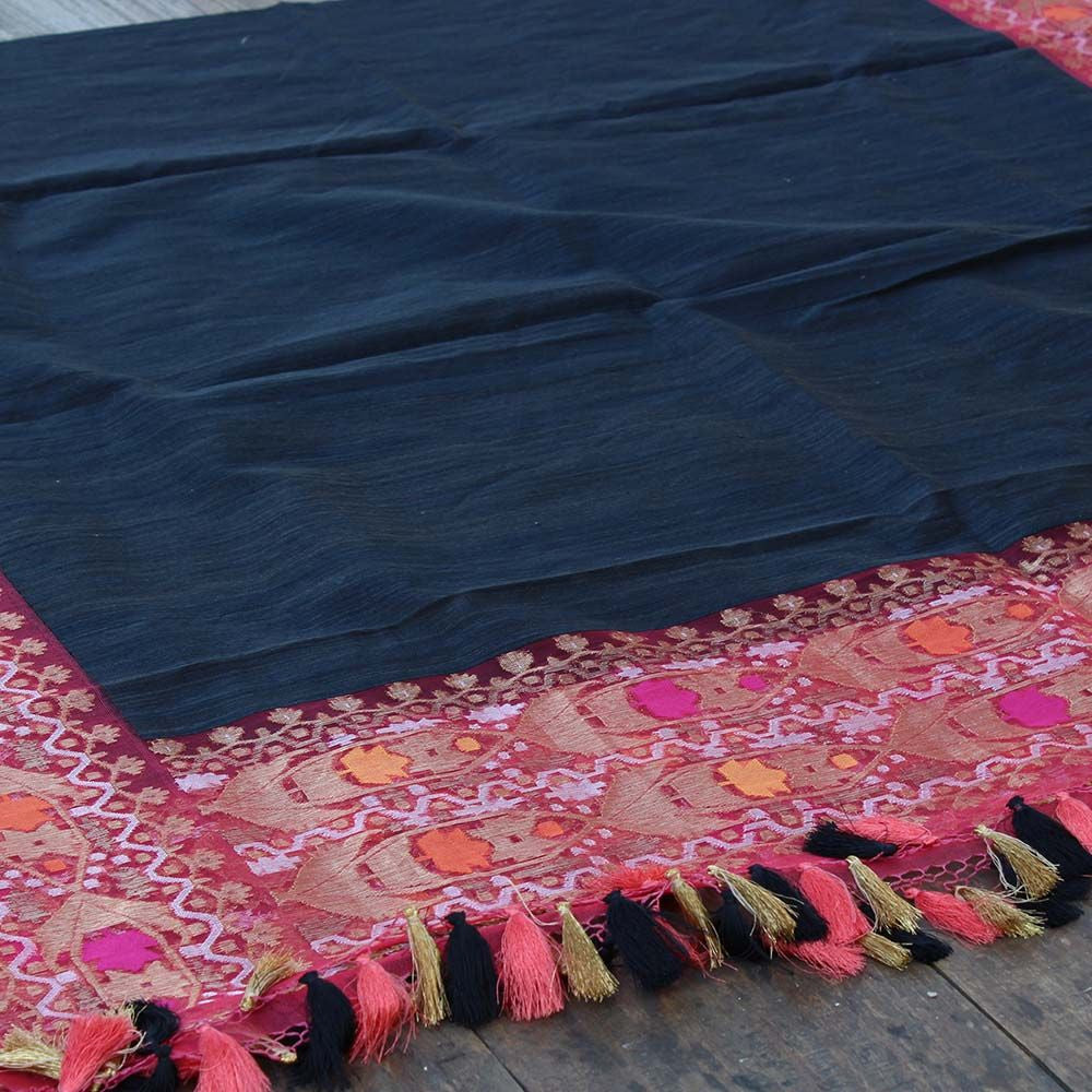 Black Pure Dupion Kora Net Banarasi Handloom Dupatta - Tilfi