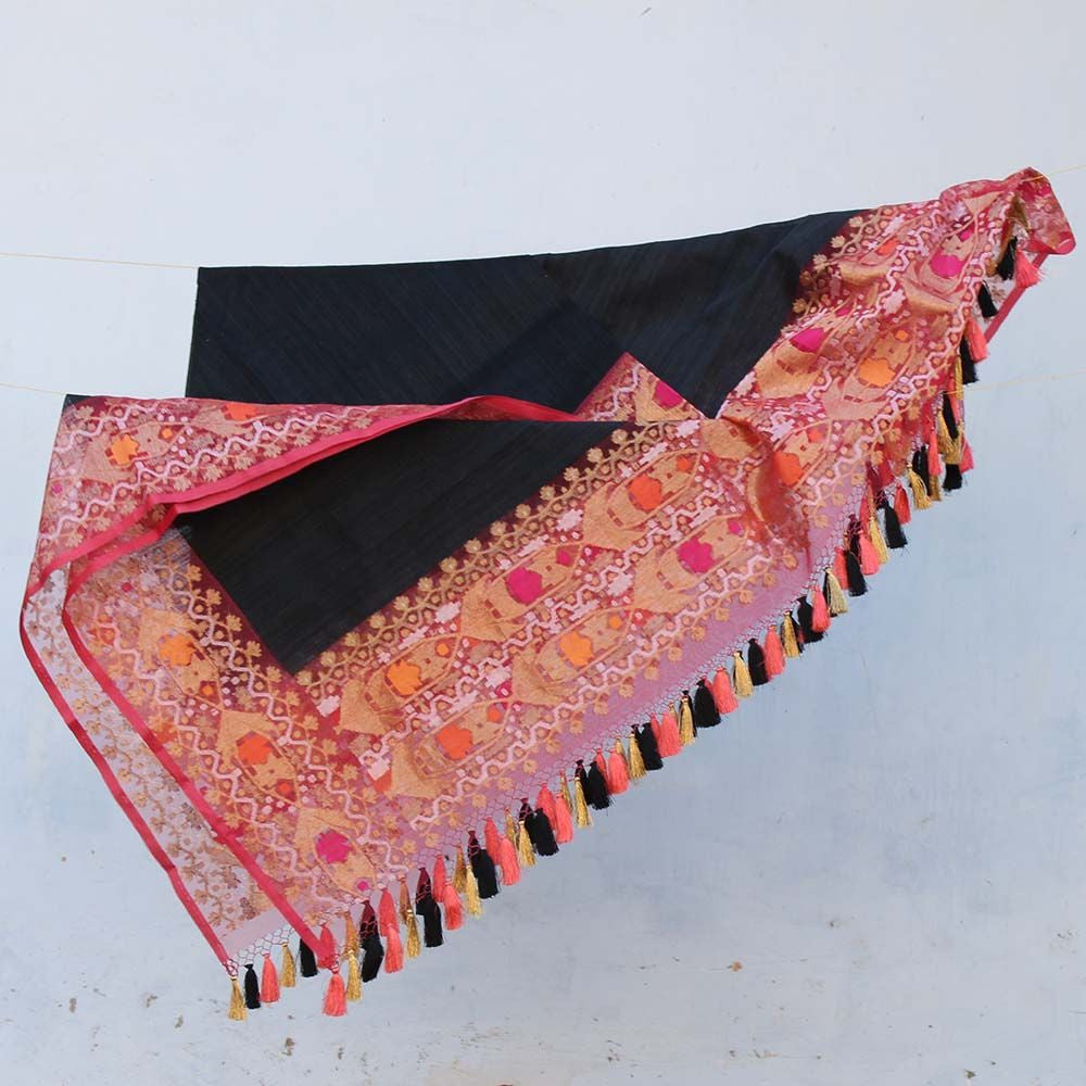 Black Pure Dupion Kora Net Banarasi Handloom Dupatta - Tilfi