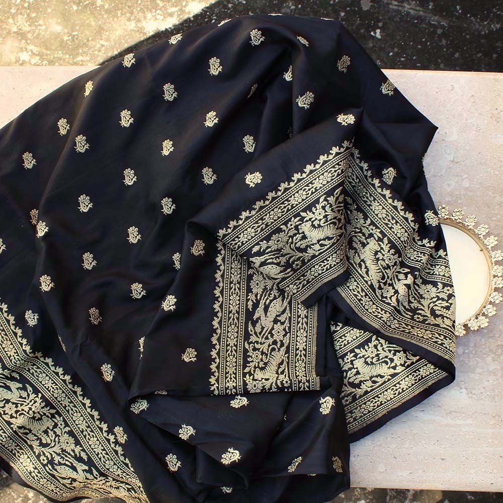 Black Pure Katan Silk Banarasi Handloom Dupatta - Tilfi