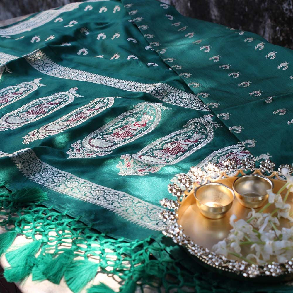 Rama Green Pure Katan Silk Banarasi Handloom Dupatta - Tilfi