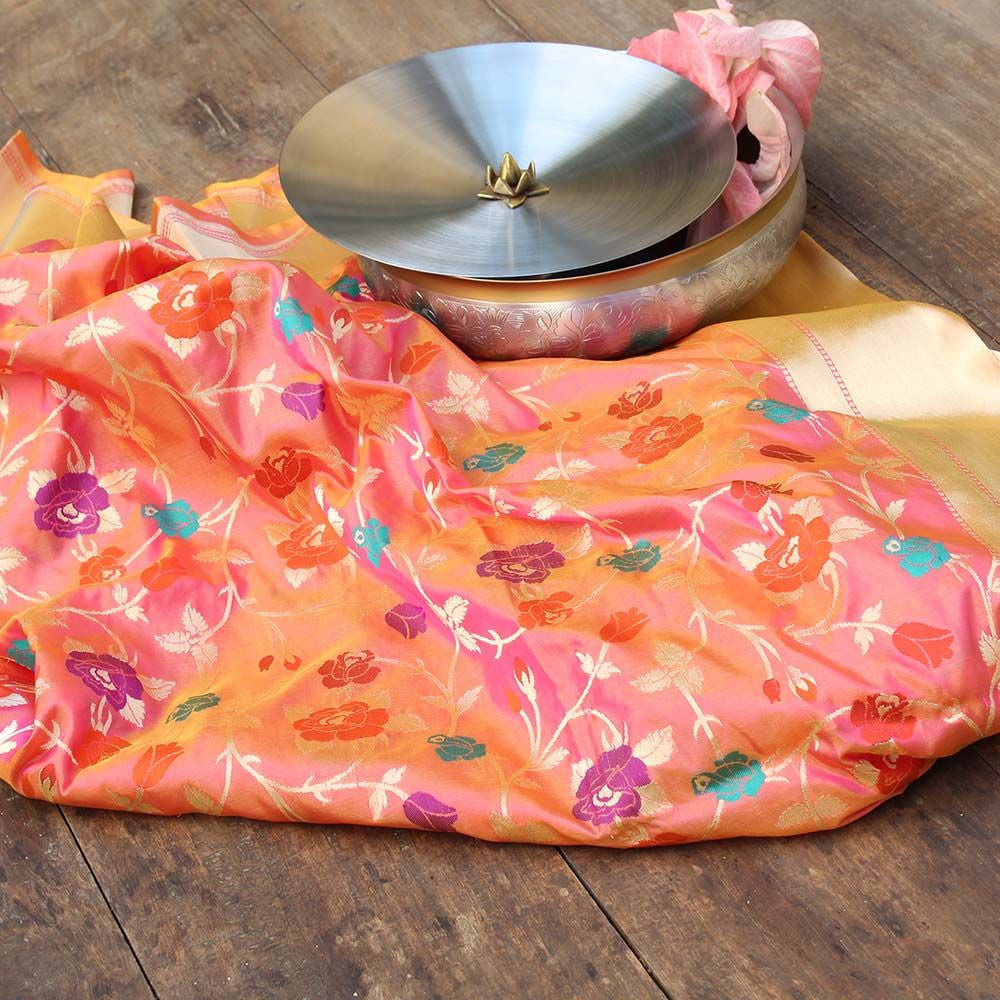 Gold-Rose Pink Pure Katan Silk Banarasi Handloom Dupatta - Tilfi