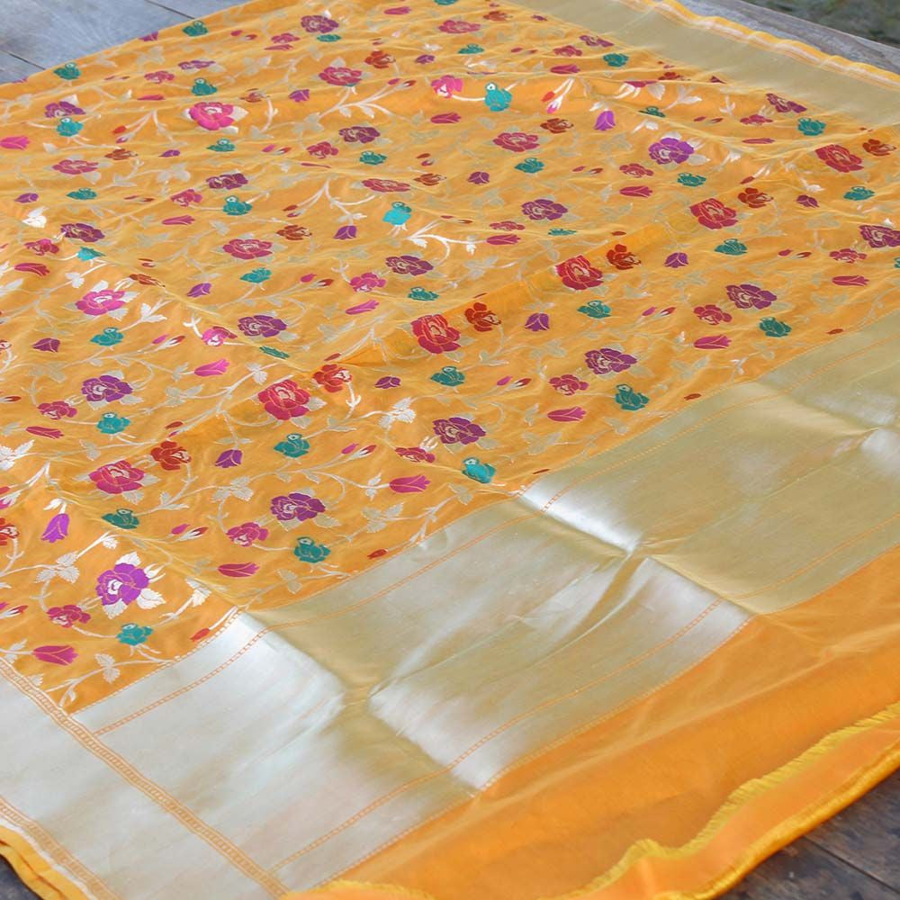 Gold-Orange Pure Katan Silk Banarasi Handloom Dupatta - Tilfi