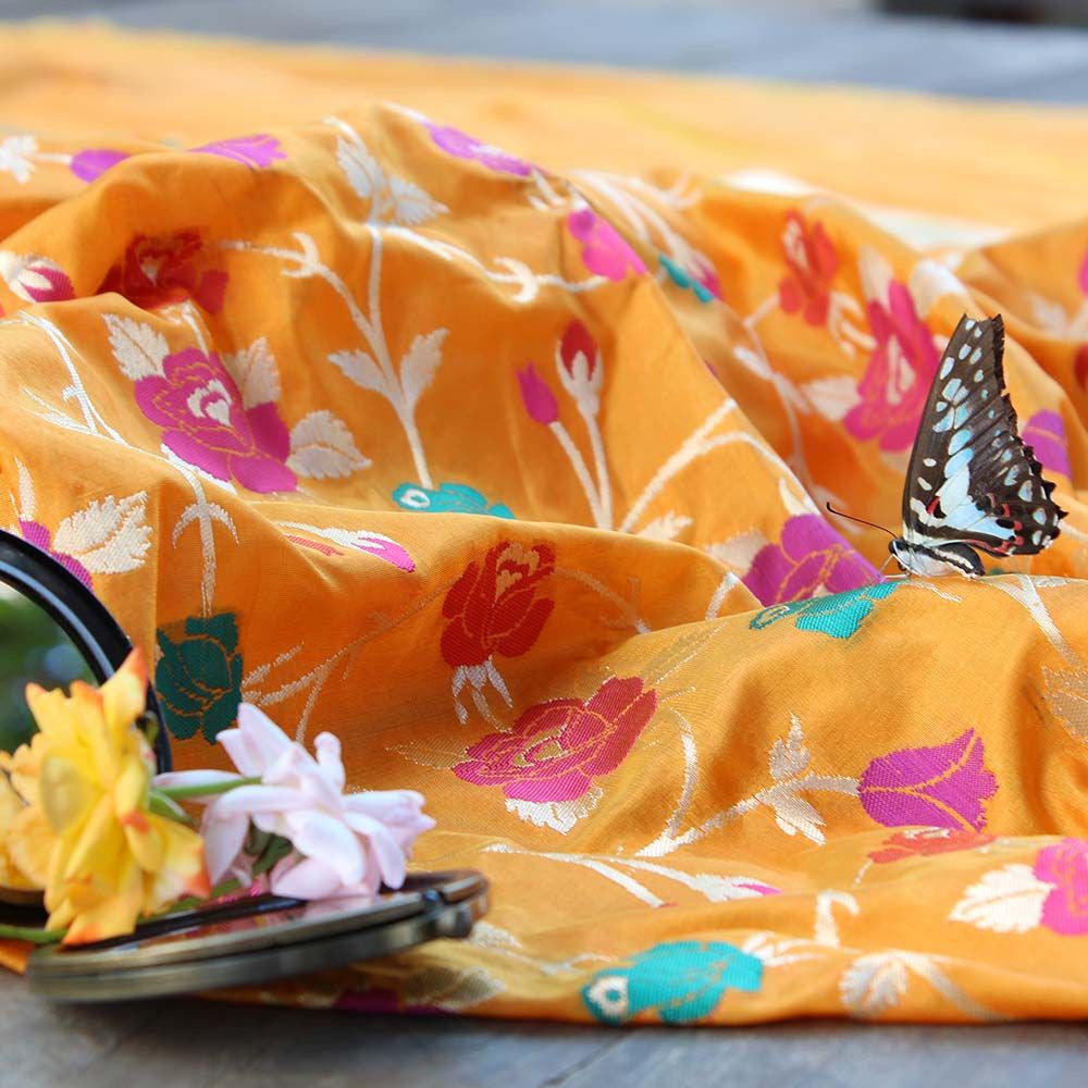 Gold-Orange Pure Katan Silk Banarasi Handloom Dupatta - Tilfi