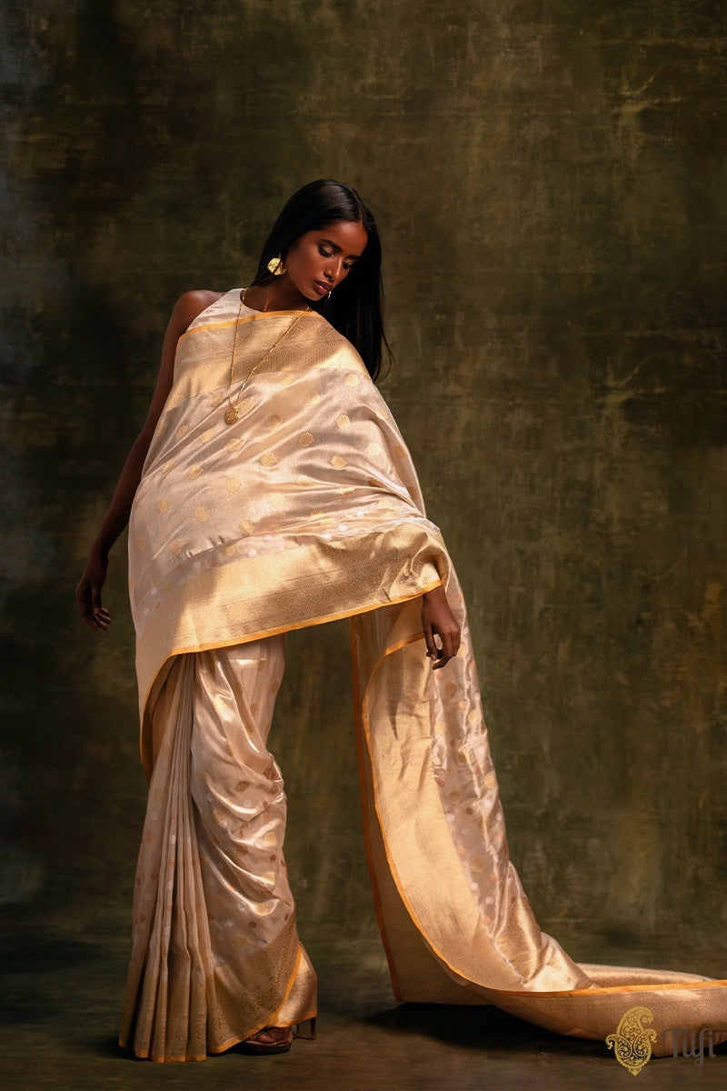 Off-White Pure Katan Silk Tissue Banarasi Handloom Saree