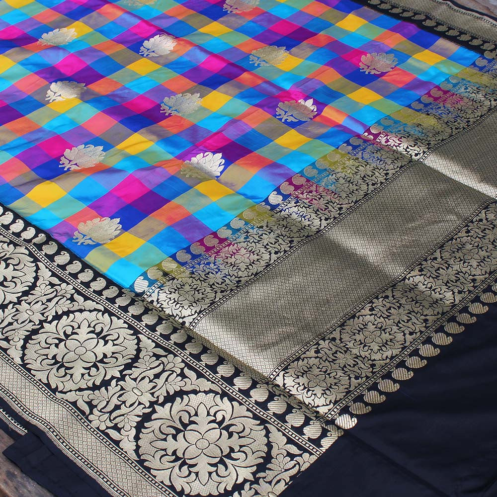 Checkered Pure Katan Silk Handloom Banarasi Saree - Tilfi