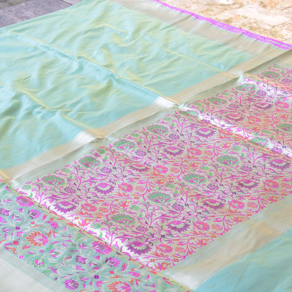 Gold-Turquoise Blue Pure Katan Silk Banarasi Handloom Saree - Tilfi