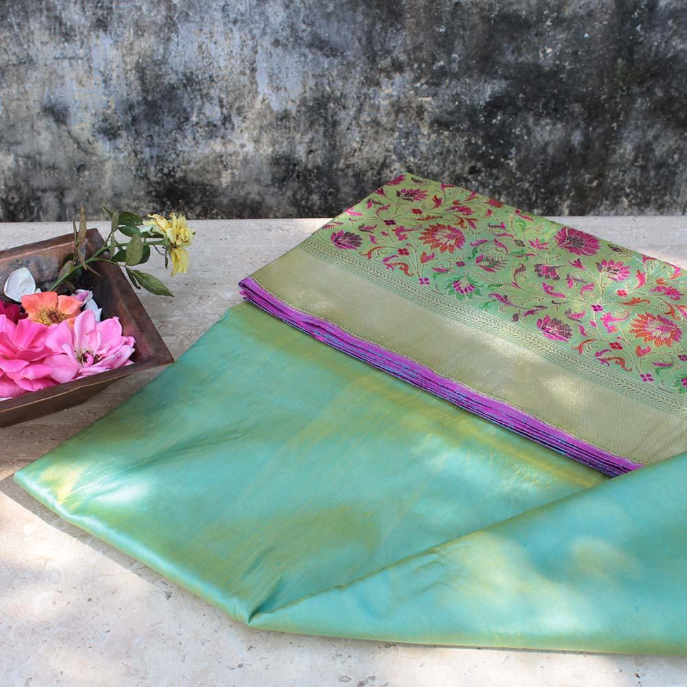 Gold-Turquoise Blue Pure Katan Silk Banarasi Handloom Saree - Tilfi