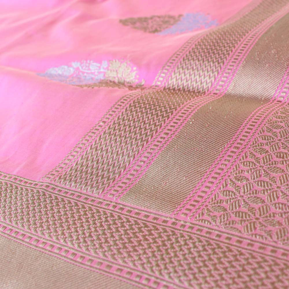 Ivory-Pink Pure Katan Silk Handloom Banarasi Saree - Tilfi