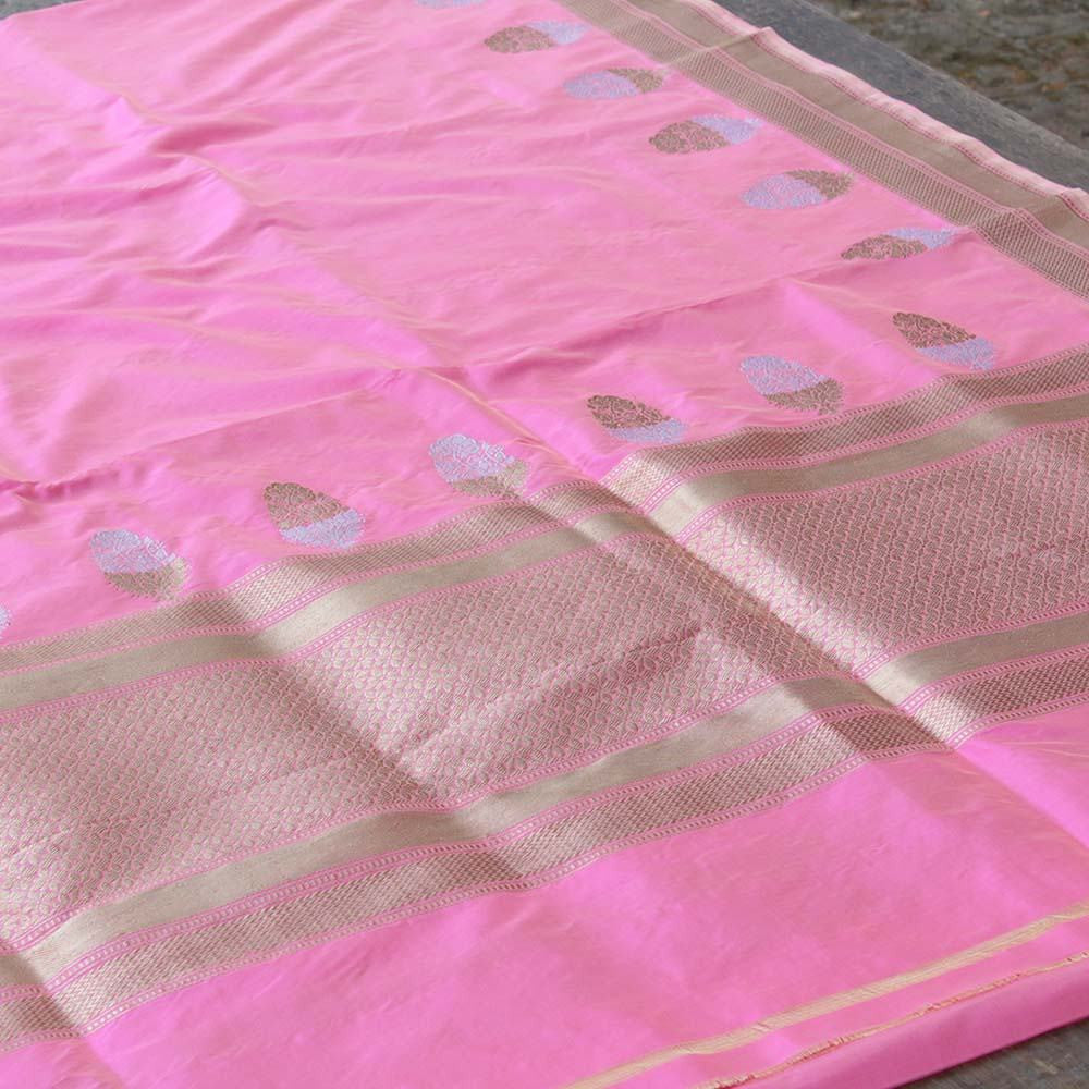 Ivory-Pink Pure Katan Silk Handloom Banarasi Saree - Tilfi