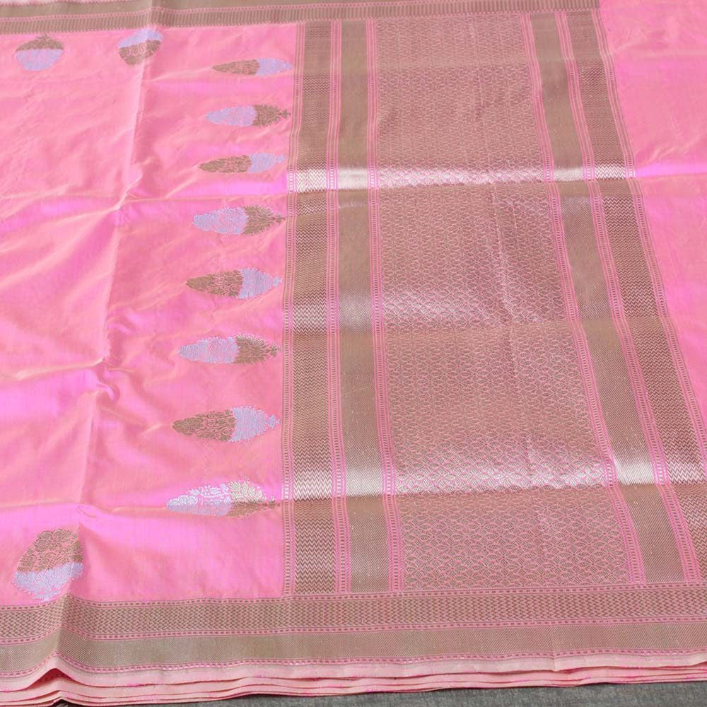 Ivory-Pink Pure Katan Silk Handloom Banarasi Saree