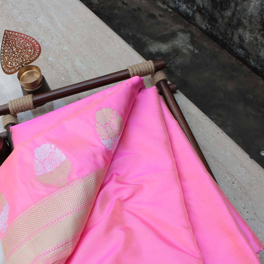 Ivory-Pink Pure Katan Silk Handloom Banarasi Saree - Tilfi
