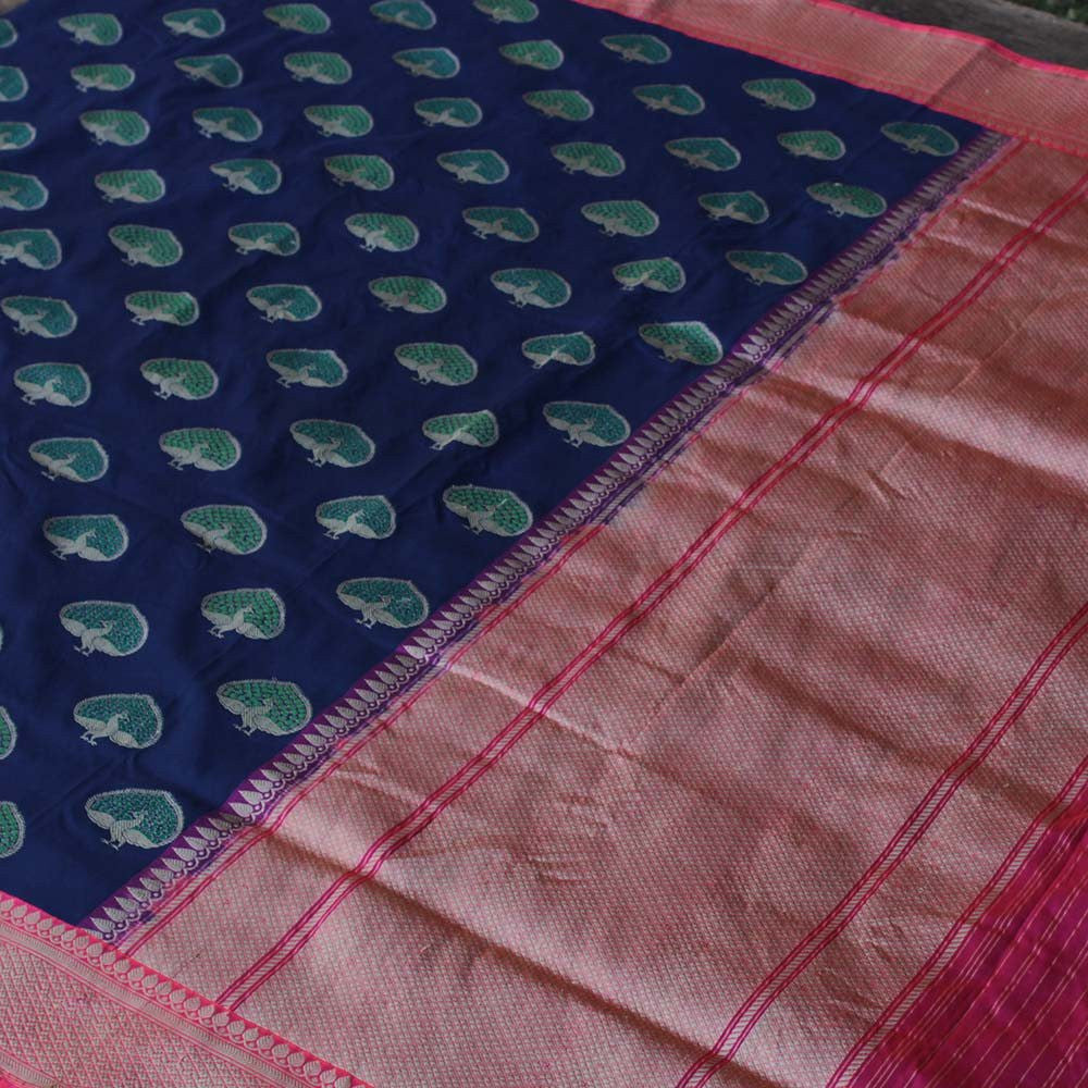Navy Blue Pure Katan Silk Banarasi Handloom Saree - Tilfi