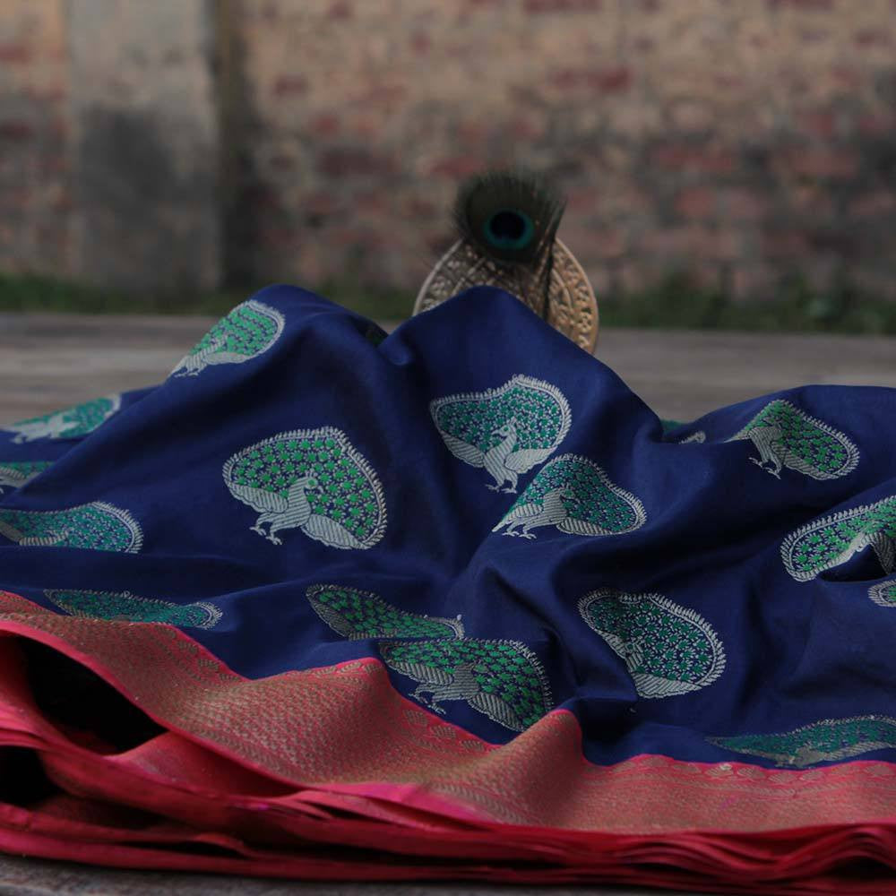 Navy Blue Pure Katan Silk Banarasi Handloom Saree - Tilfi