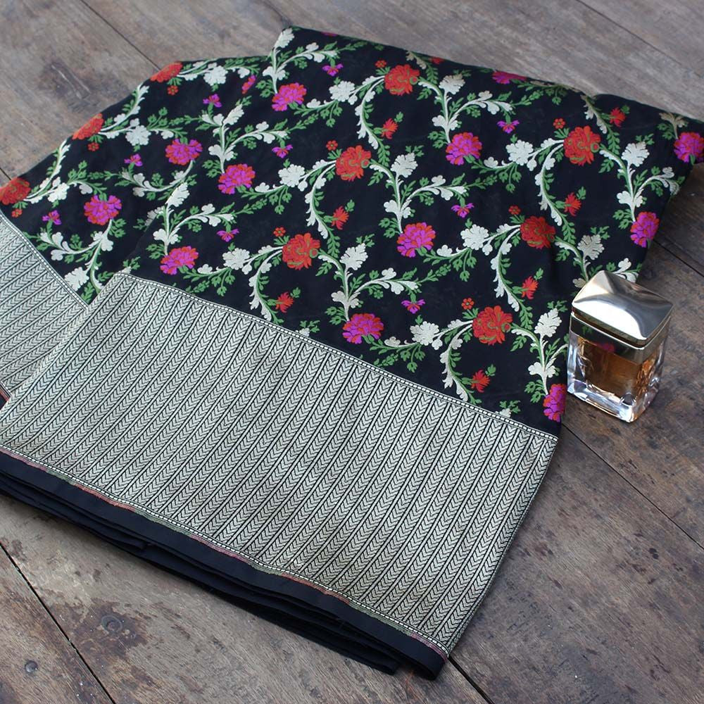 Black Pure Katan Silk Banarasi Handloom Saree - Tilfi