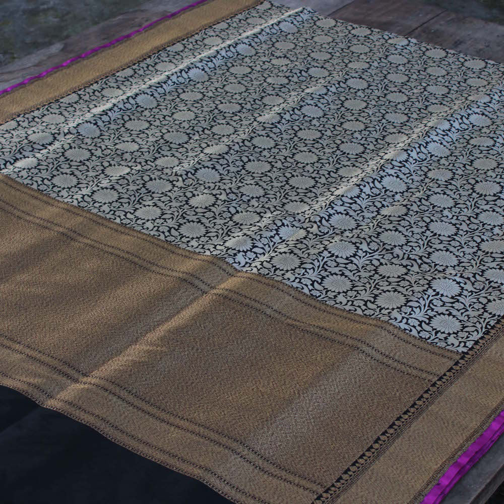 Black Pure Katan Silk Banarasi Zari Vasket Handloom Saree - Tilfi