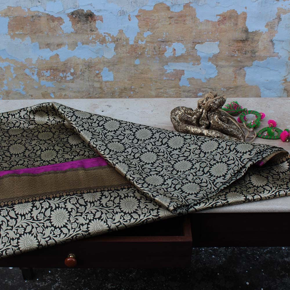 Black Pure Katan Silk Banarasi Zari Vasket Handloom Saree - Tilfi