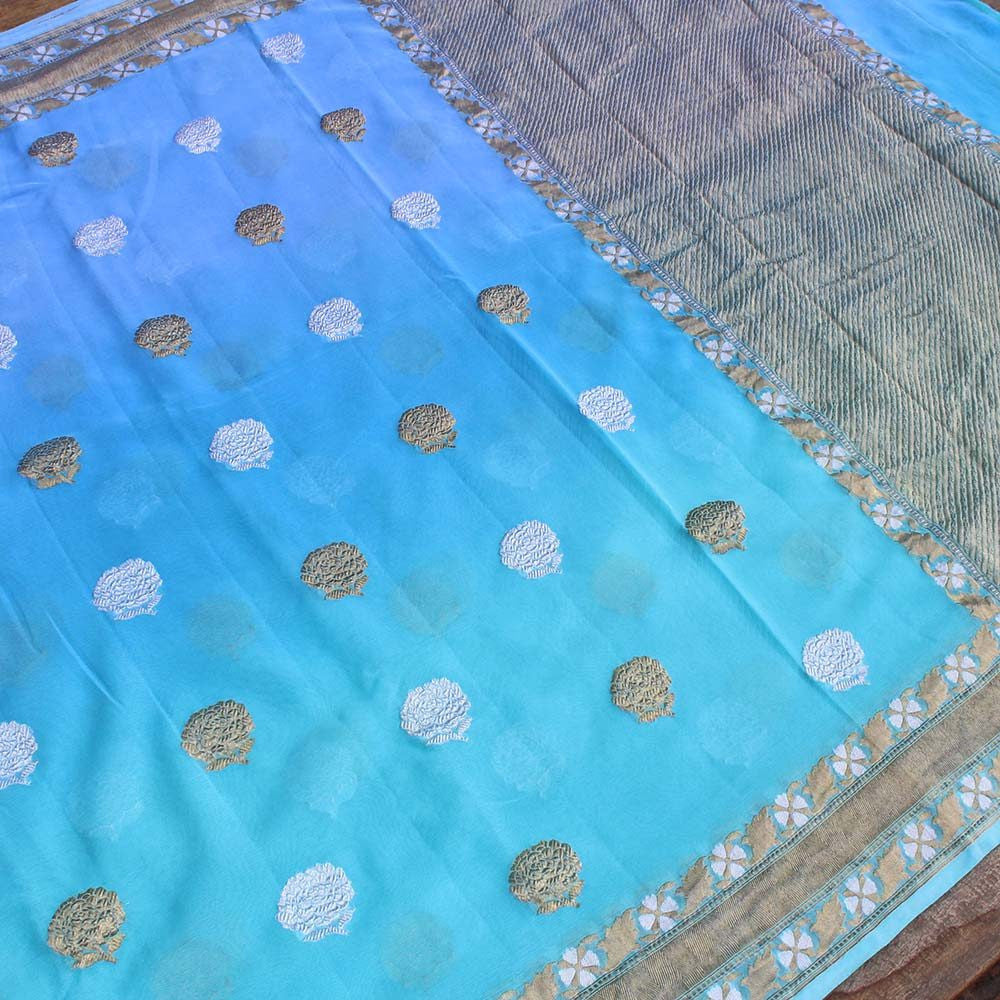 Blue Ombre Pure Chiffon Georgette Banarasi Handloom Saree - Tilfi