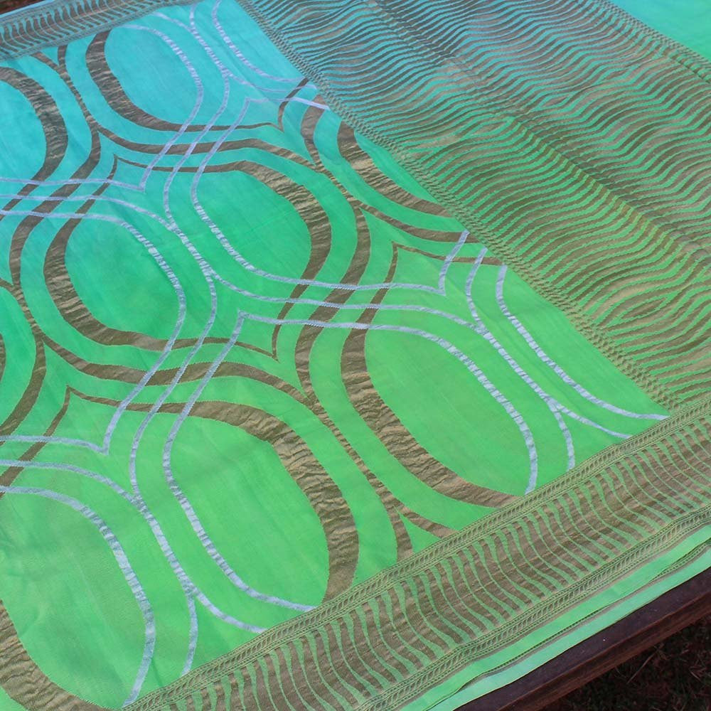 Blue-Green Ombre Pure Chiffon Georgette Banarasi Handloom Saree - Tilfi