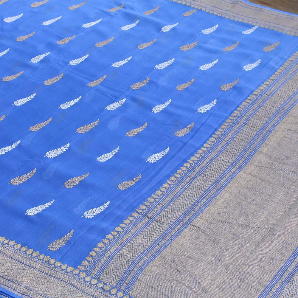 Blue Ombre Pure Chiffon Georgette Banarasi Handloom Saree - Tilfi