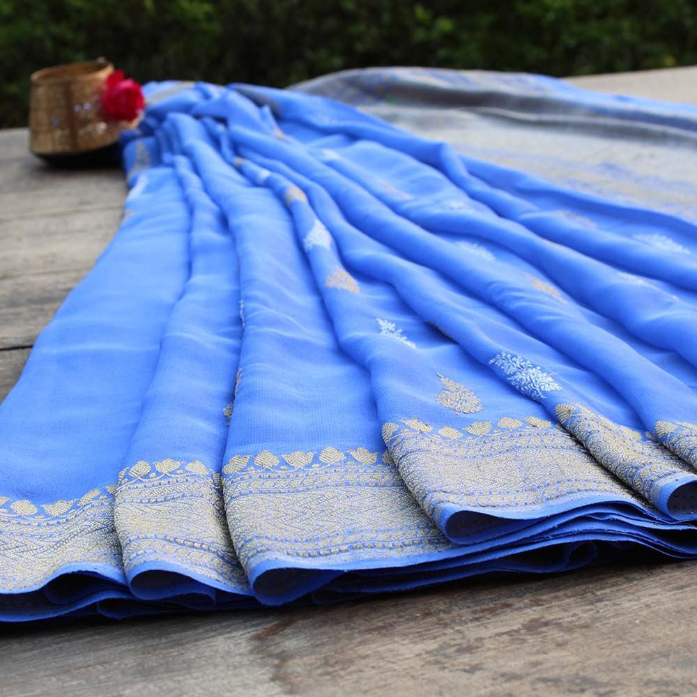 Blue Ombre Pure Chiffon Georgette Banarasi Handloom Saree - Tilfi