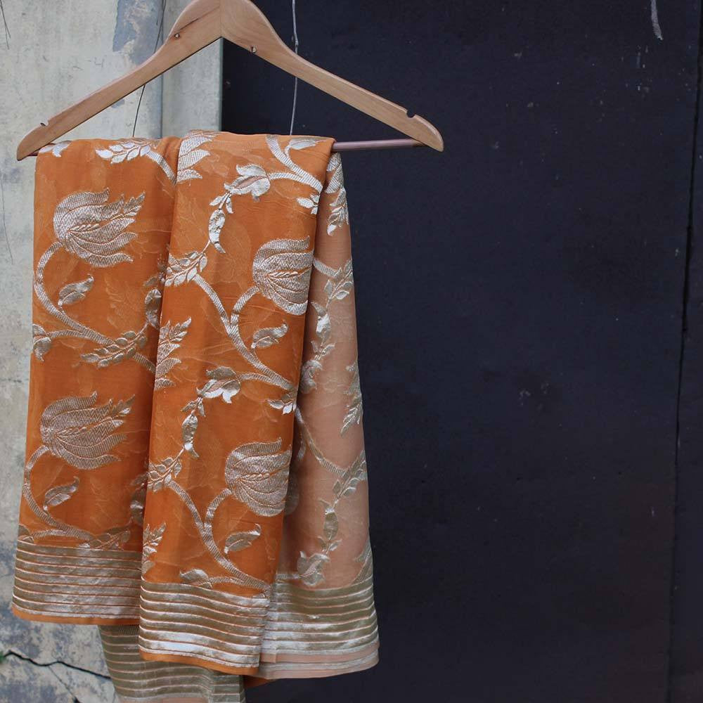 Burnt Orange Ombre Pure Chiffon Georgette Banarasi Handloom Saree - Tilfi