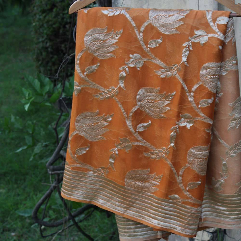 Burnt Orange Ombre Pure Chiffon Georgette Banarasi Handloom Saree - Tilfi