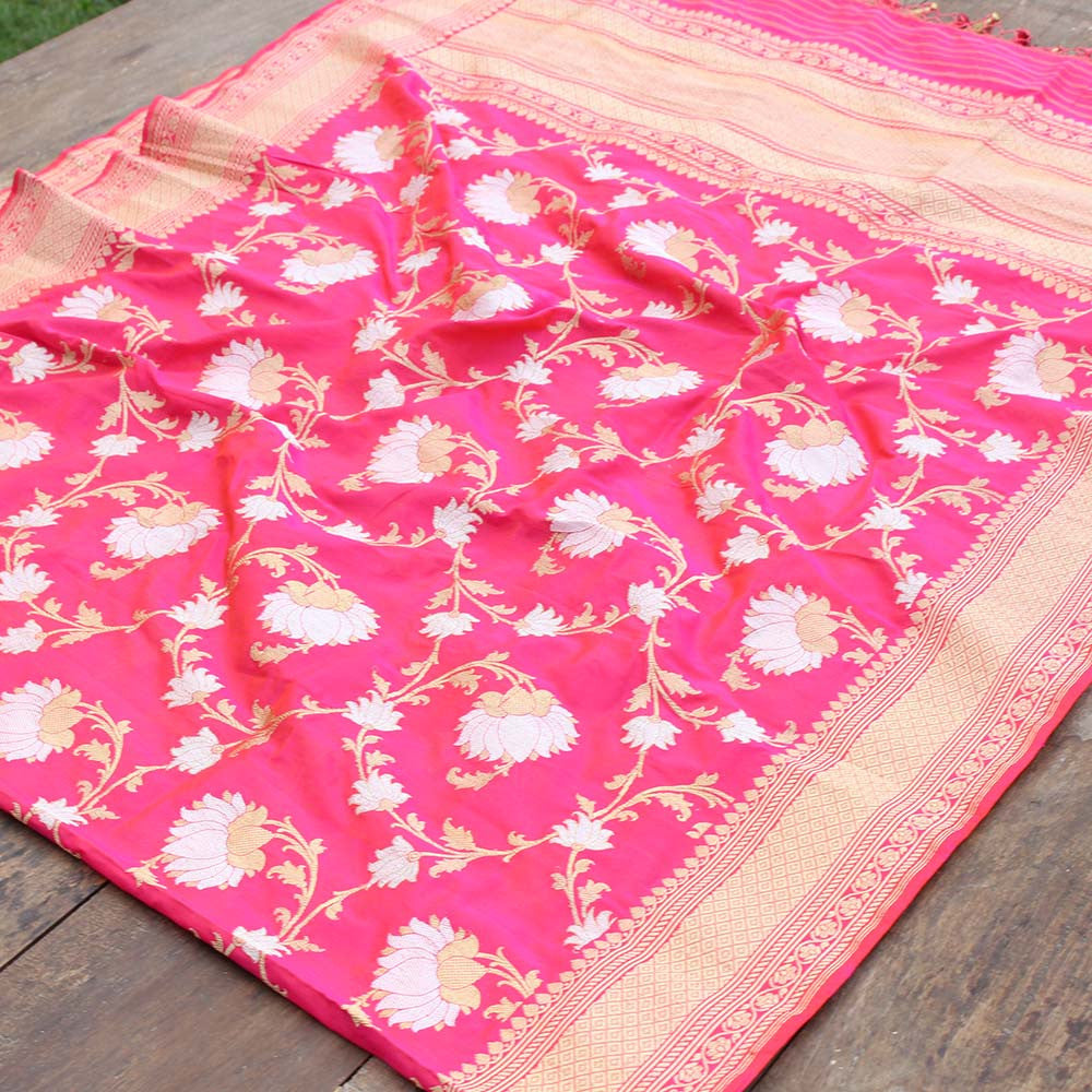 Pink-Orange Pure Katan Silk Banarasi Handloom Dupatta - Tilfi