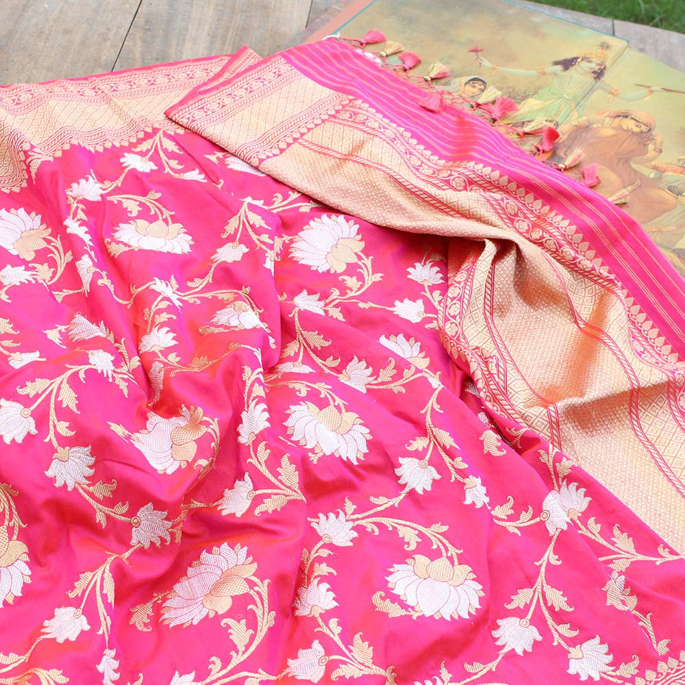 Pink-Orange Pure Katan Silk Banarasi Handloom Dupatta - Tilfi