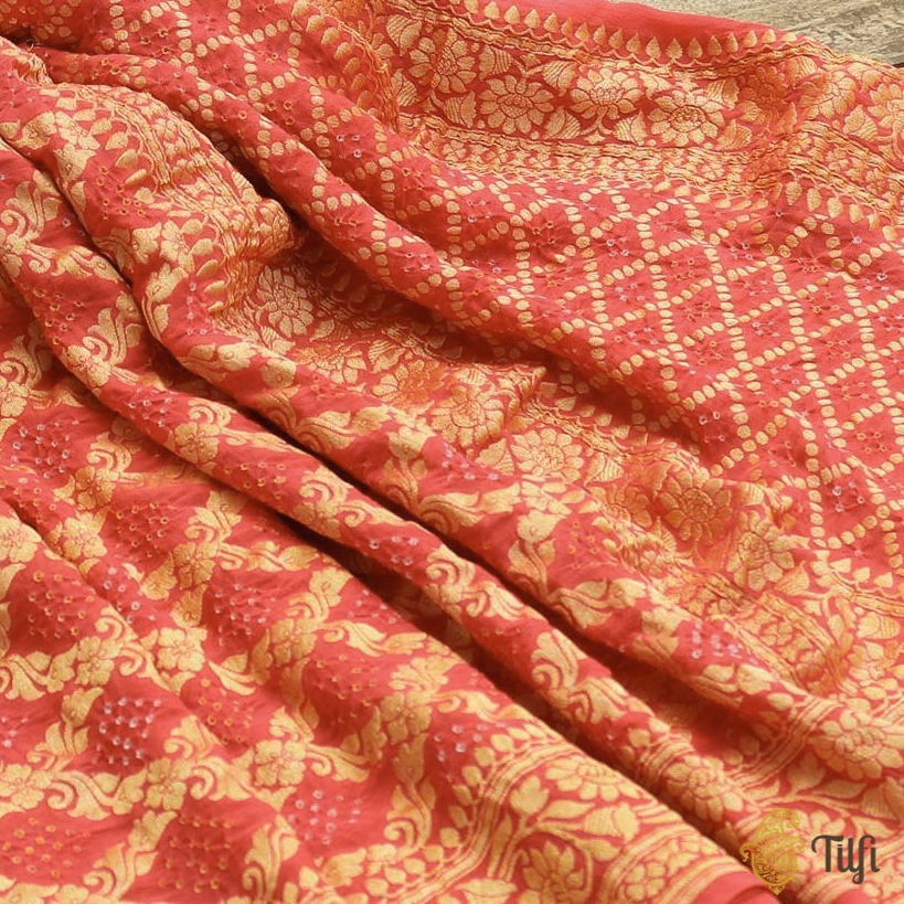 Coral Peach Pure Georgette Banarasi Handloom Bandhani Dupatta